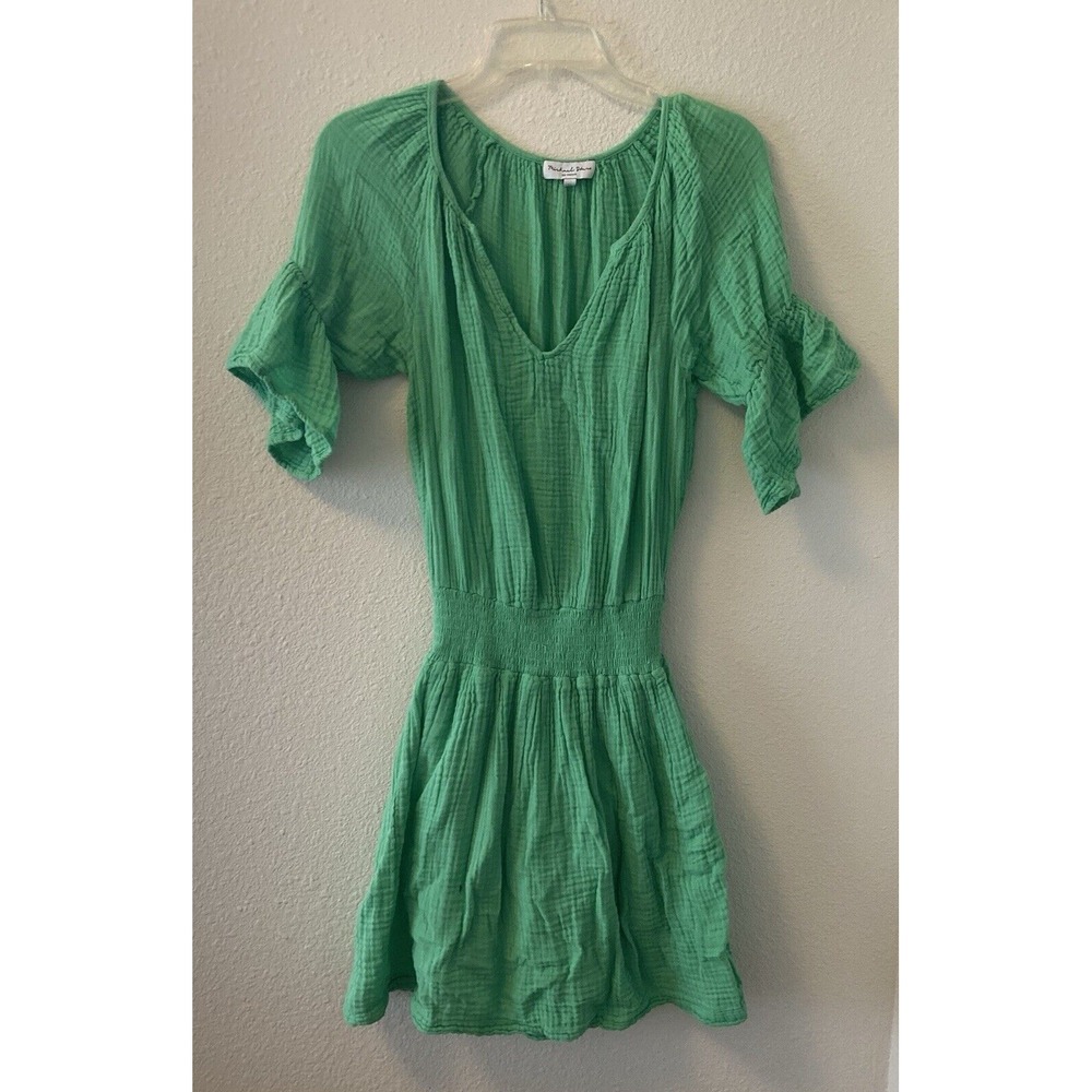 Michael Stars Women's Dress Katelyn Gauzy Smock Waist Green V-Neck Size XS *Flaw